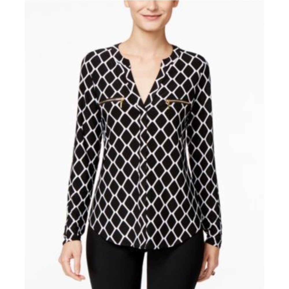 I*N*C INTERNATIONAL CONCEPTS WOMENS BLACK WITH WHITE GEOMETRIC PATTERN TOP - Picture 1 of 4